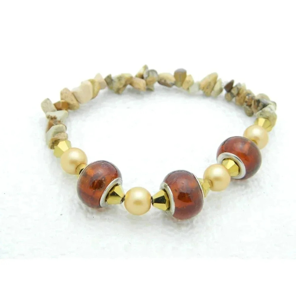 VTG Polished Stone Faux Amber Gold Tone Bead Stretch Bracelet